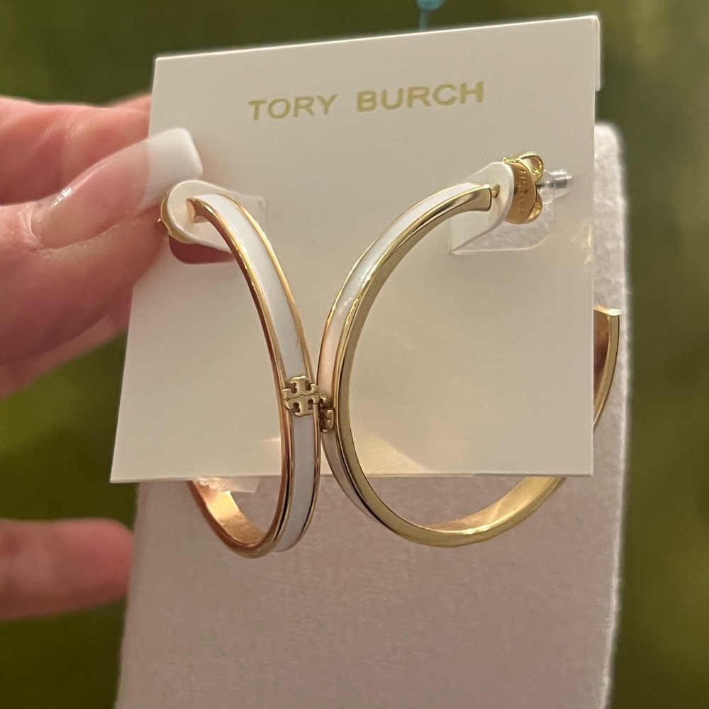 Tory Burch Kira white enamel hoop earring in gold-tone brass